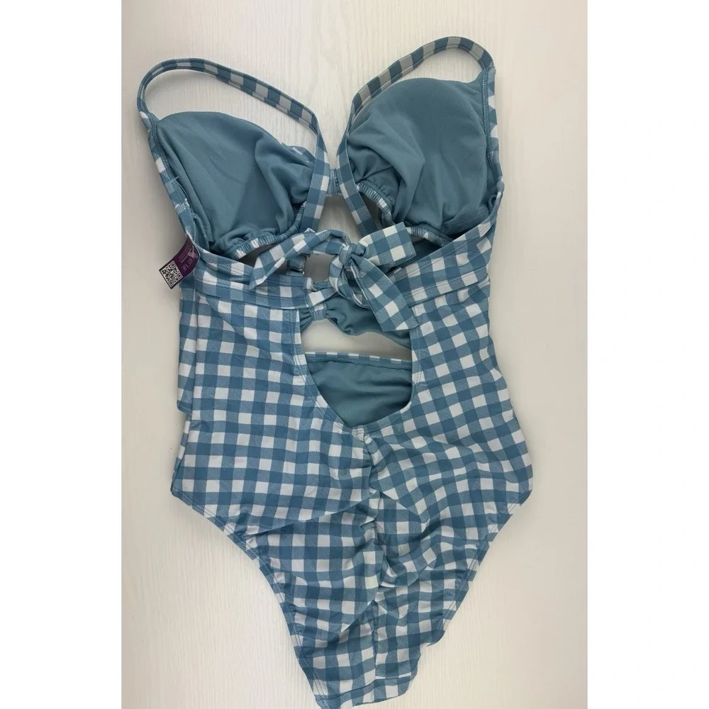 Adore Me Gingham One Piece Swimsuit 0X‎ Blue White Cutout Bow Front NWT Plus
